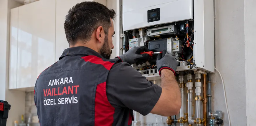Kombi üzerinde çalışan servis teknisyeni - temsili görsel